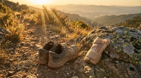 Chaussures de trail sur un sentier avec attelle de pouce