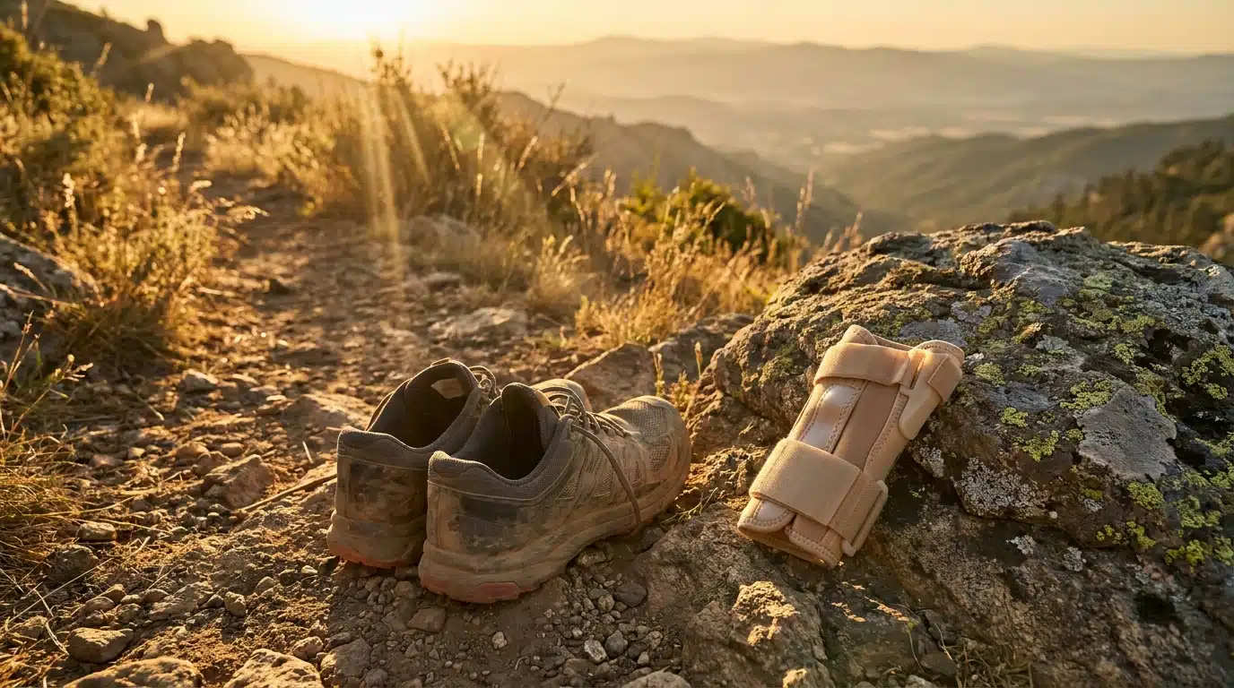 Chaussures de trail sur un sentier avec attelle de pouce