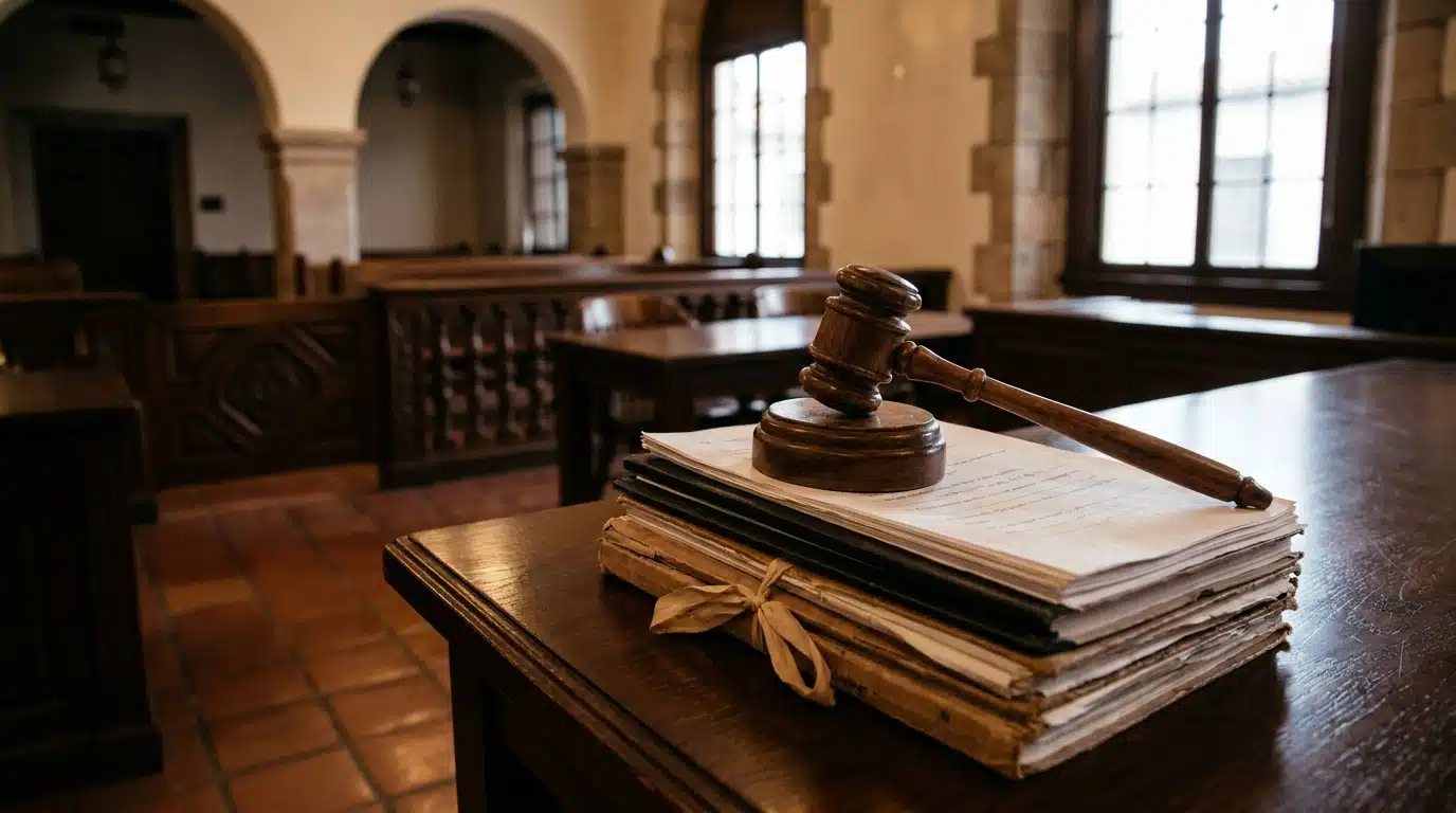 Marteau de juge posé sur des documents juridiques