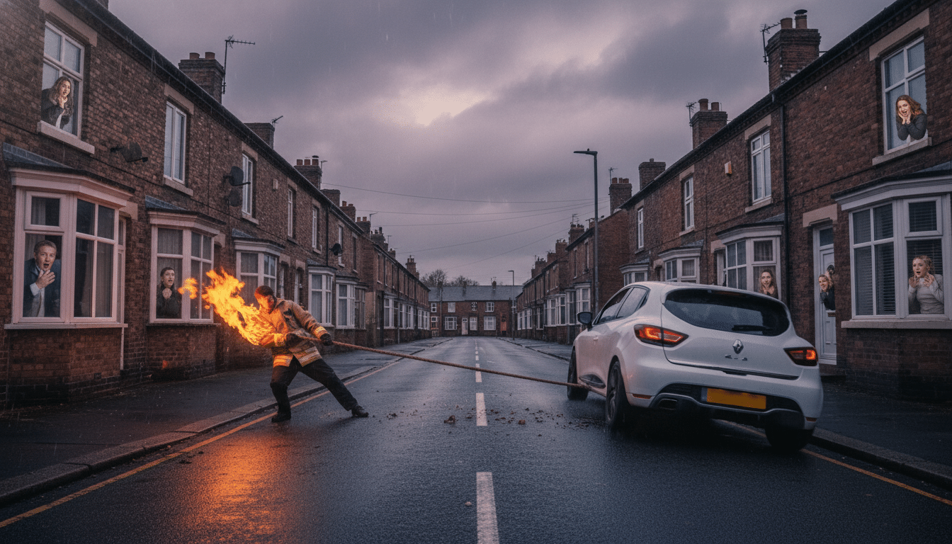 Homme en flammes tractant une voiture dans une rue résidentielle