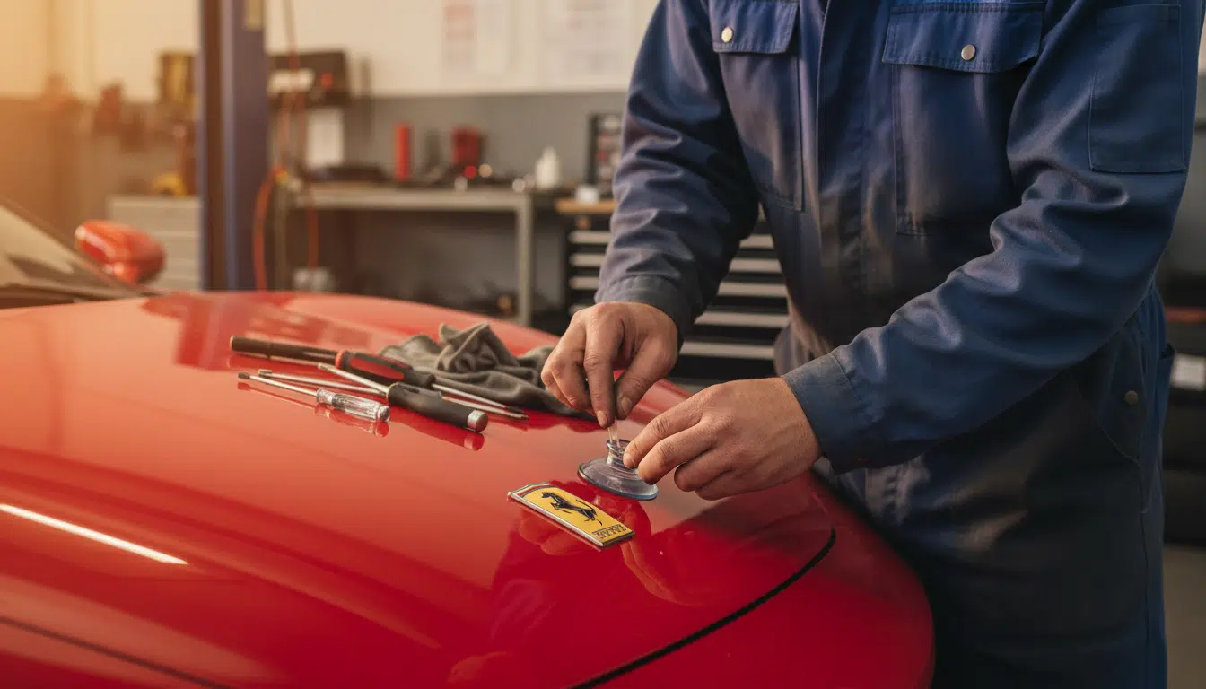 Retrait d'un badge Ferrari contrefait sur une Toyota maquillée
