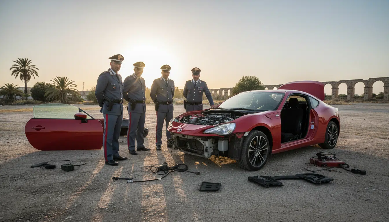 Police italienne devant la Toyota après démontage des pièces contrefaites