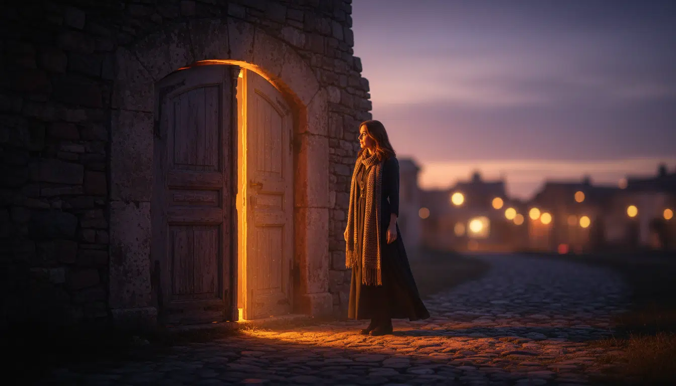 Femme devant une porte entrouverte baignée de lumière dorée