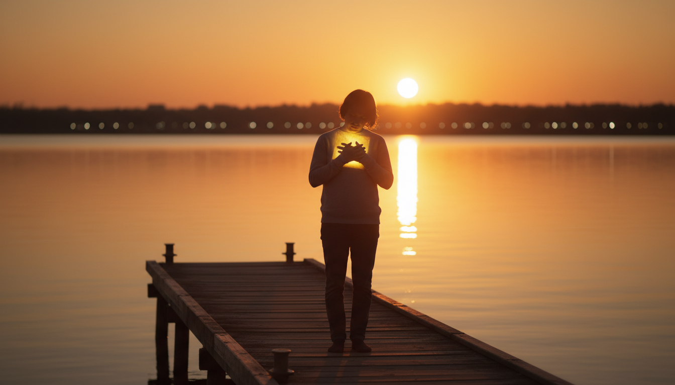 Personne seule sur un ponton au coucher du soleil tenant une lettre