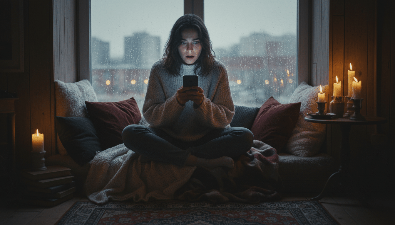 Personne surprise lisant un message sur son téléphone à la lumière des bougies
