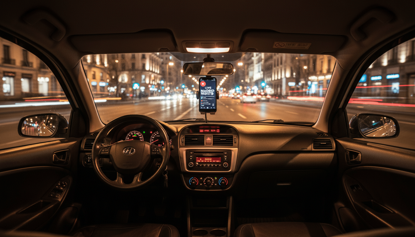 Caméra de stream Twitch installée dans un taxi de nuit à Madrid, lumières du tableau de bord allumées
