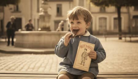 Enfant des années 50 mangeant un Petit Écolier vintage.
