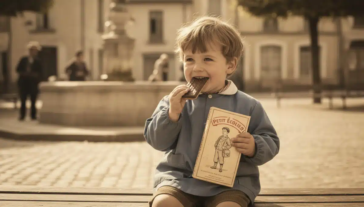 Enfant des années 50 mangeant un Petit Écolier vintage.