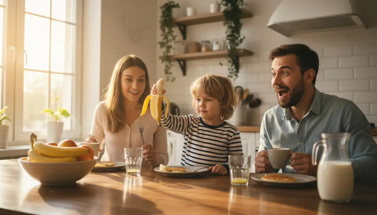 Enfant épluchant une banane par le bon côté au petit-déjeuner