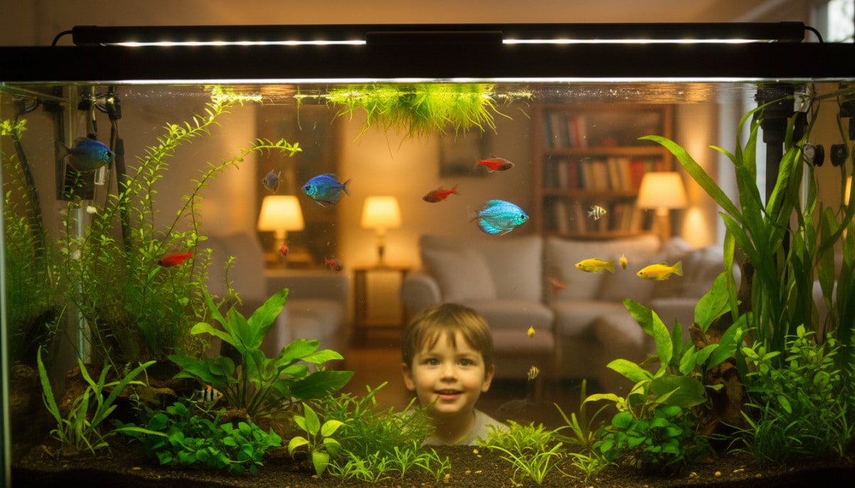 Enfant fasciné par un aquarium domestique illuminé