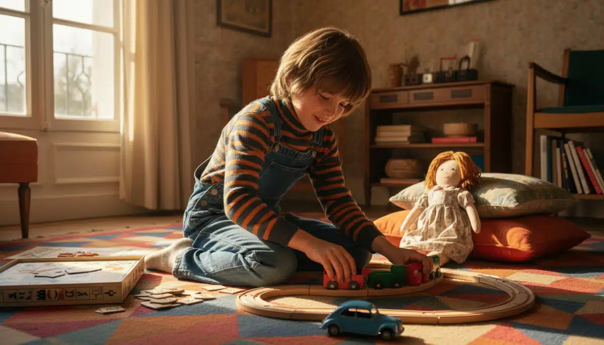 Enfant français jouant avec des jouets en bois, années 70.