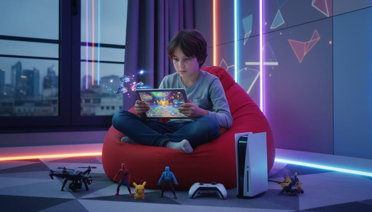 Enfant français jouant avec une tablette et des jouets modernes.