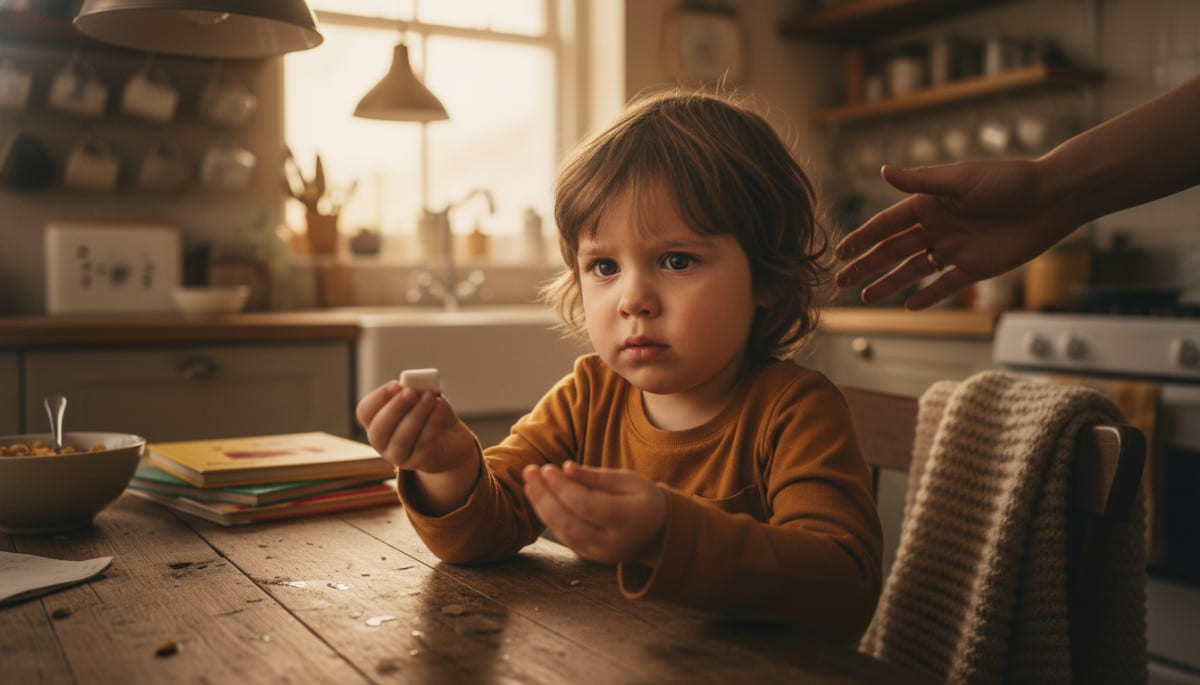 Enfant inquiet regardant un chewing-gum dans sa main