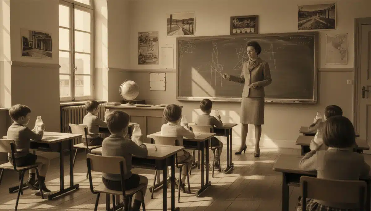 Enfants buvant du lait en classe dans les années 60