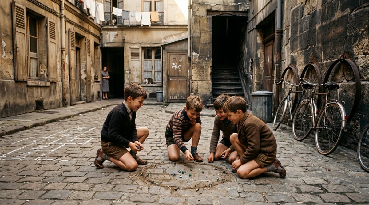 Enfants jouant aux billes dans une cour d'immeuble parisienne des années 1960