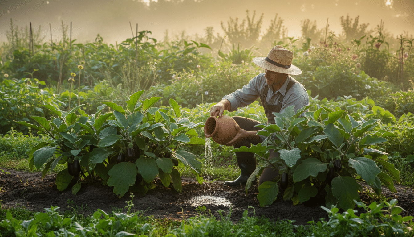 Arrosage matinal d'aubergines avec une olla en terre cuite
