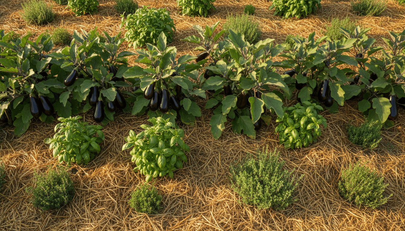 Potager avec aubergines, basilic et thym en association végétale