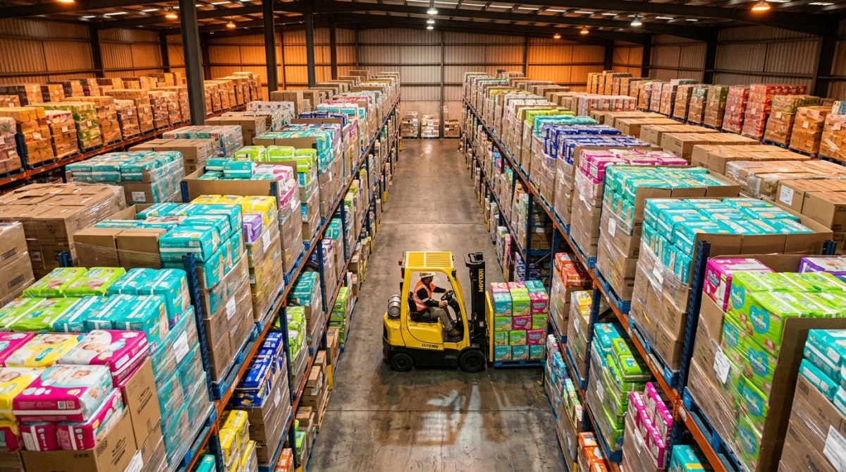 Entrepôt rempli de paquets de couches bébé empilés
