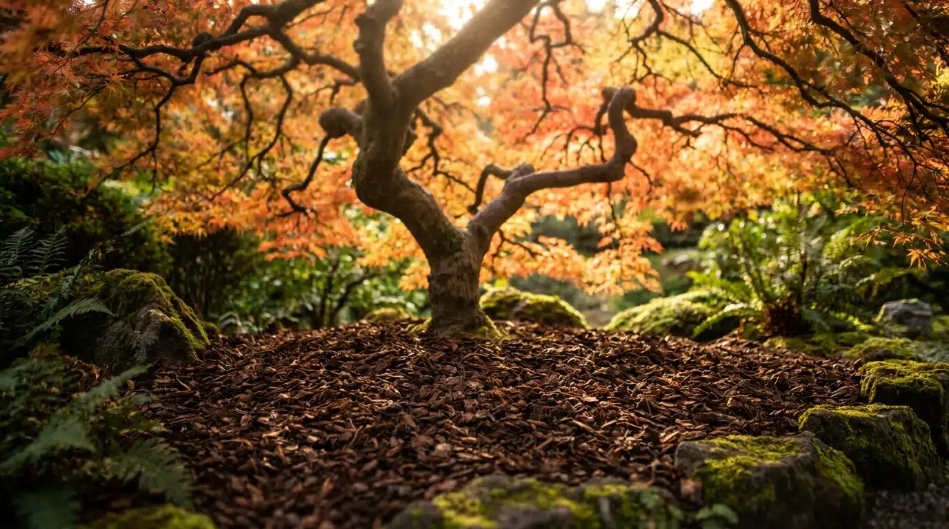 Érable du Japon entouré de paillis organique dans un jardin ensoleillé