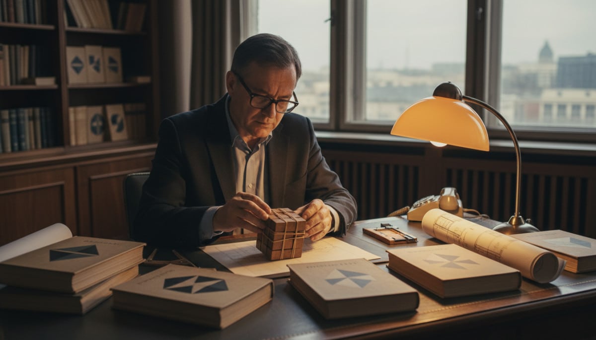 Ernő Rubik assemblant son cube en bois à Budapest en 1974