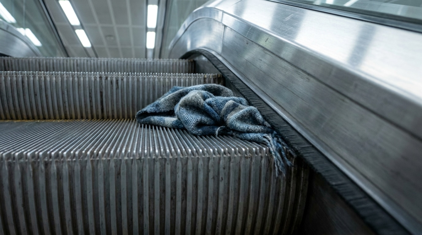 Foulard en tissu posé au bord des marches d'un escalator