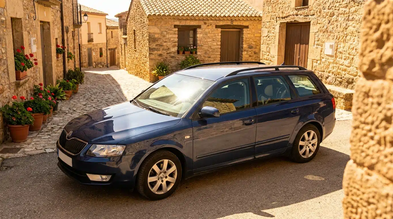 Voiture familiale garée sous le soleil dans une rue espagnole