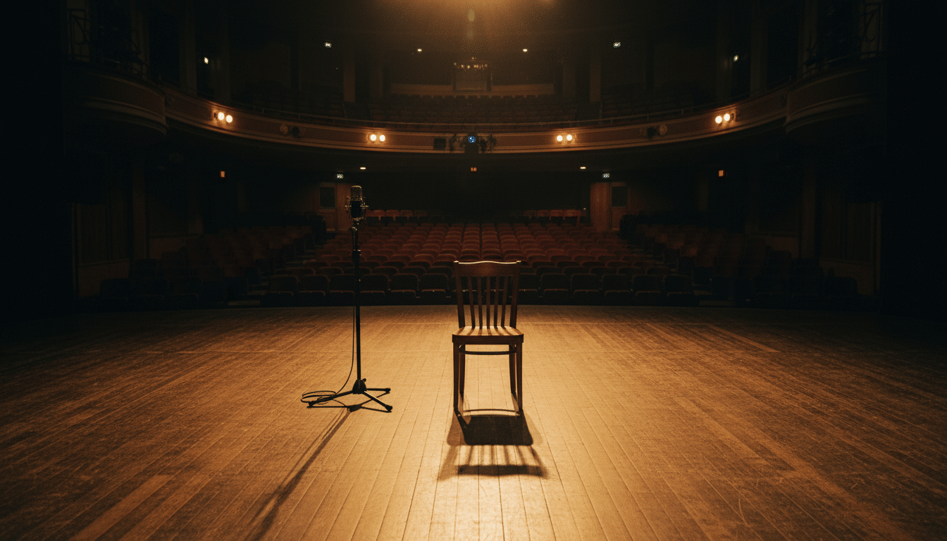 Scène de théâtre sous les projecteurs avec une chaise et un micro