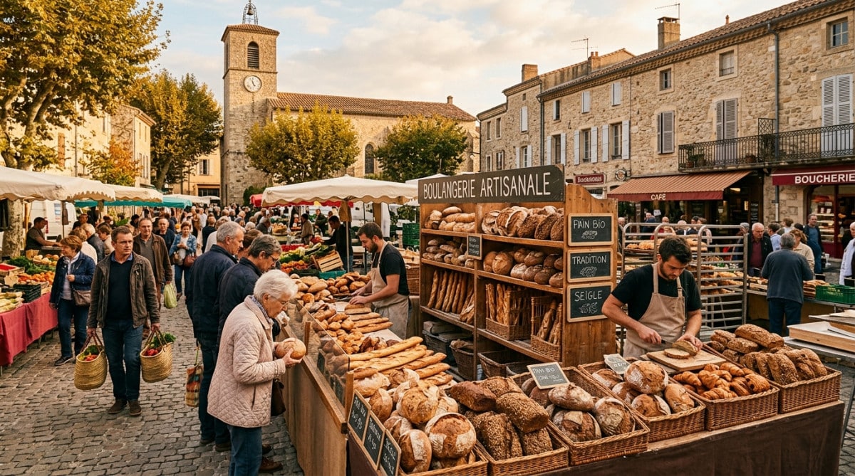 Étal de pains artisanaux sur un marché de village français