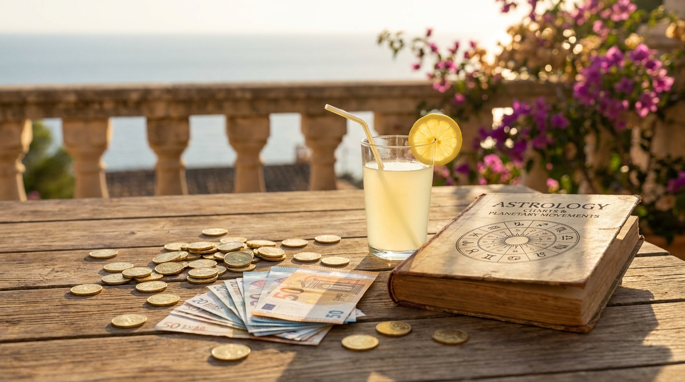 Pièces dorées et billets sur une table d'été ensoleillée