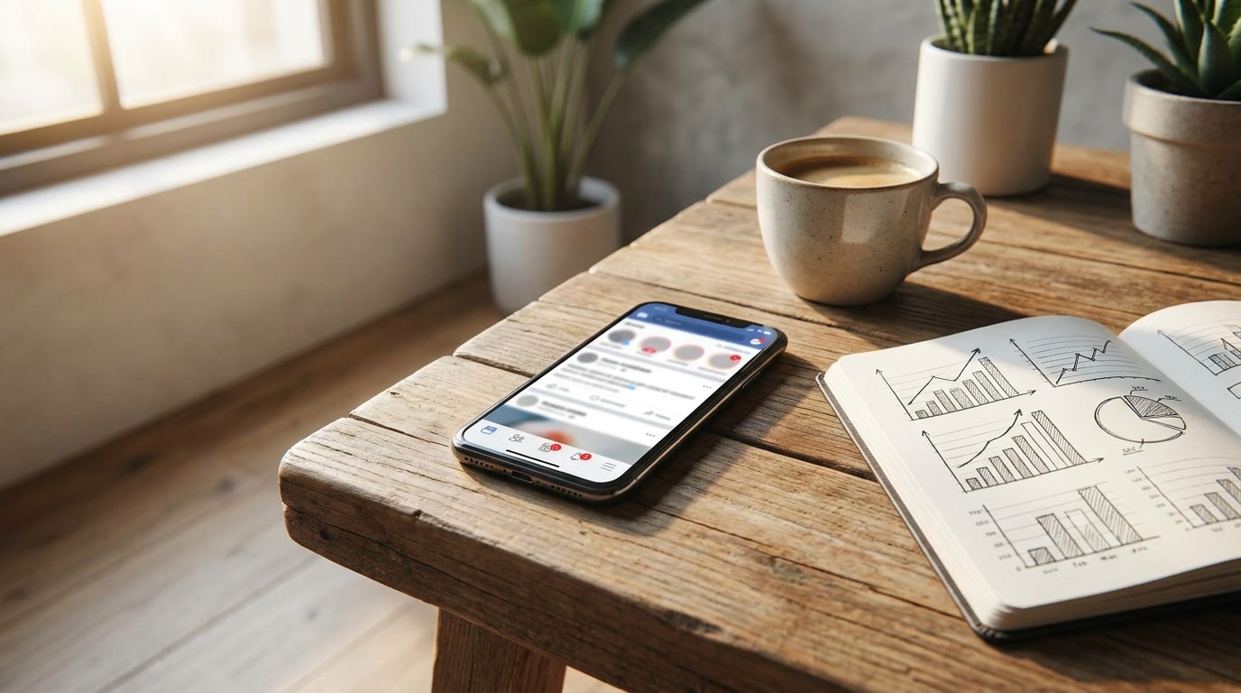 Smartphone avec notifications sur un bureau en bois
