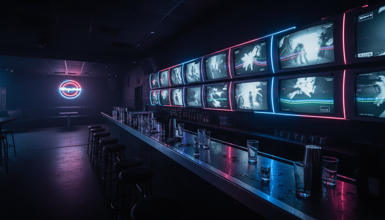 Ambiance sombre d'un club avec écrans de surveillance et lumières néon