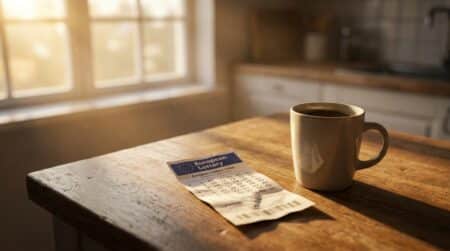Ticket de loterie posé sur une table en bois avec café