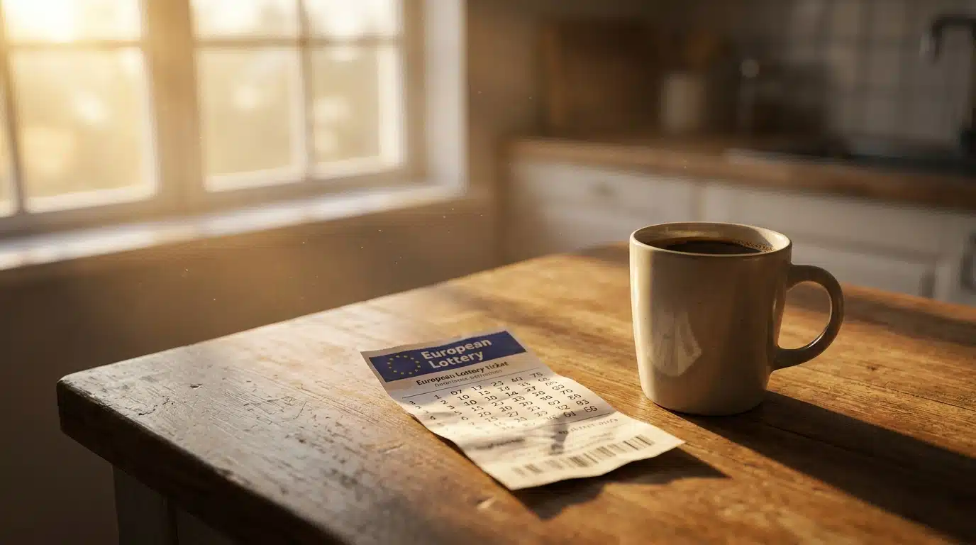 Ticket de loterie posé sur une table en bois avec café