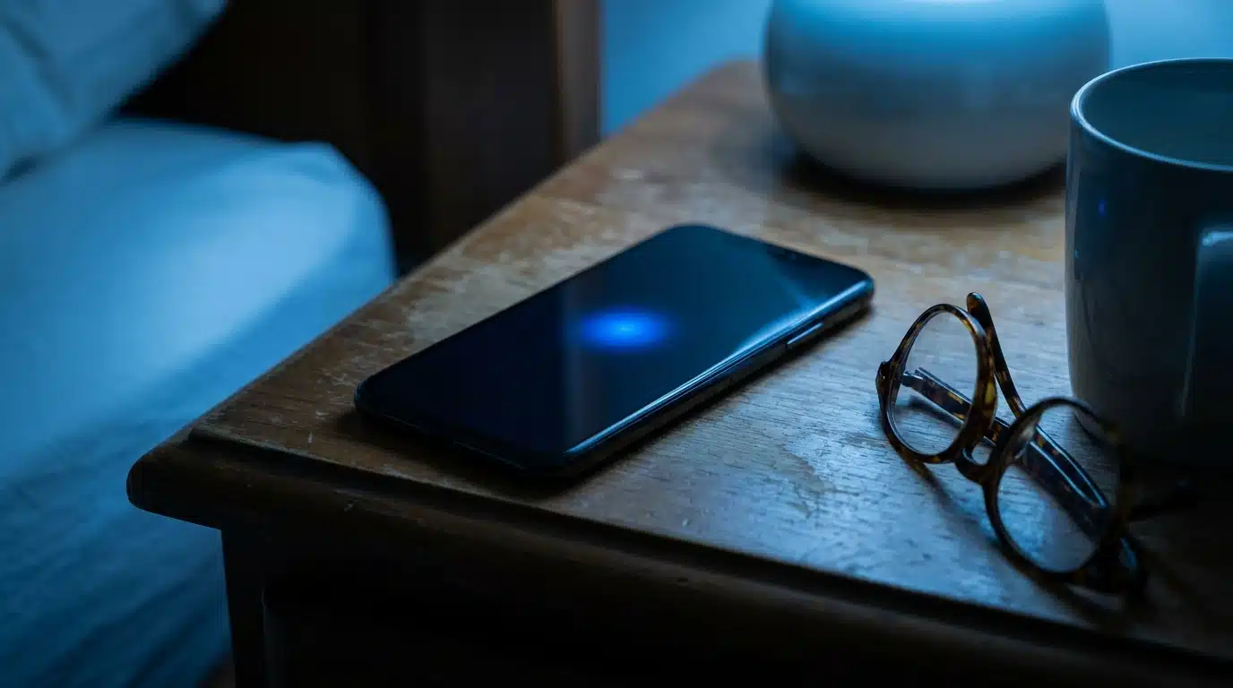 Smartphone éclairé sur une table de nuit dans la pénombre