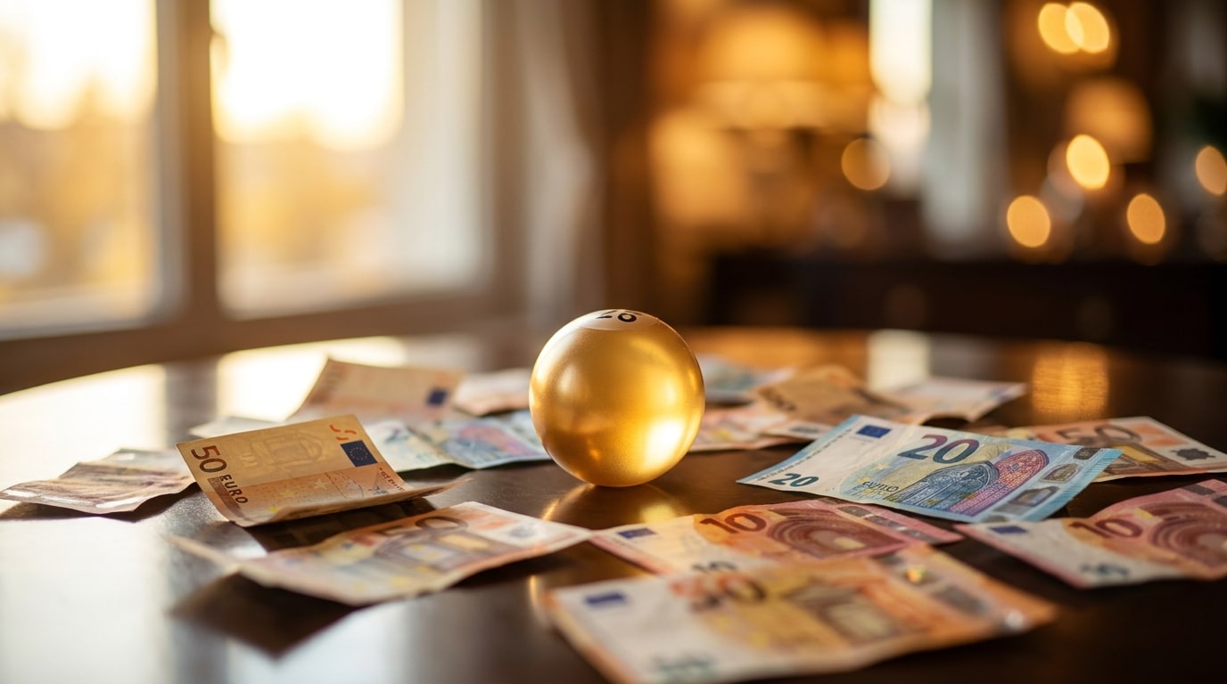 Boule de loterie dorée posée sur des billets en euros