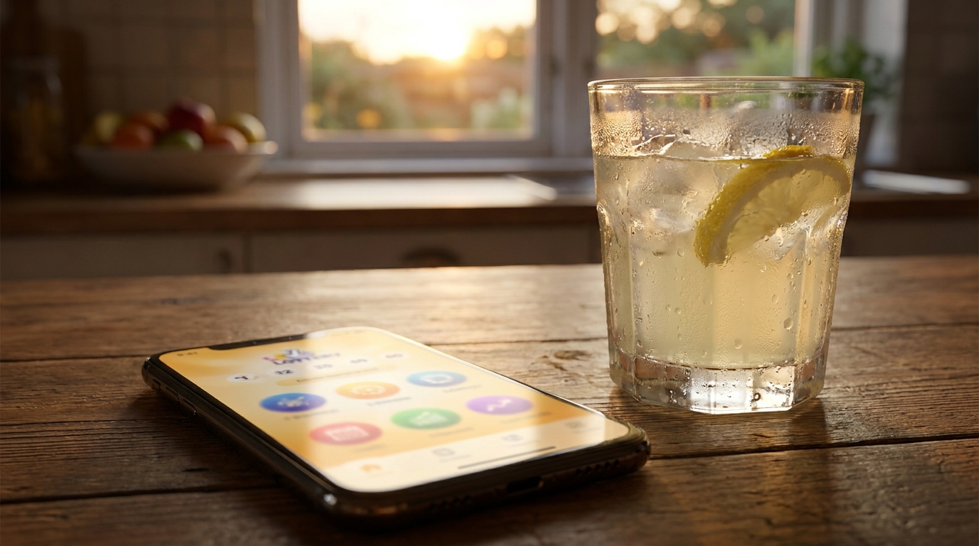 Smartphone et verre de citronnade sur une table en soirée