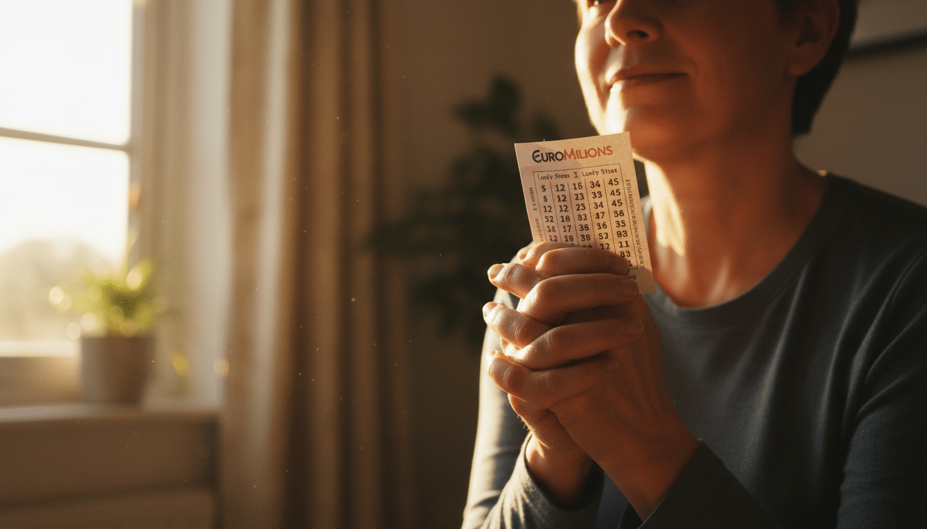 Mains tenant un ticket EuroMillions sous lumière dorée