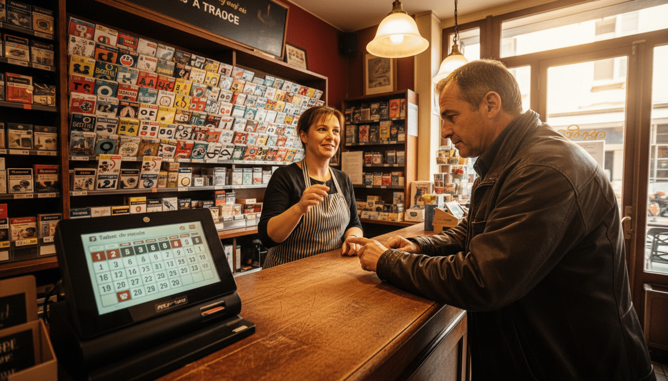 Comptoir d'un bureau de tabac avec terminal de loterie FDJ