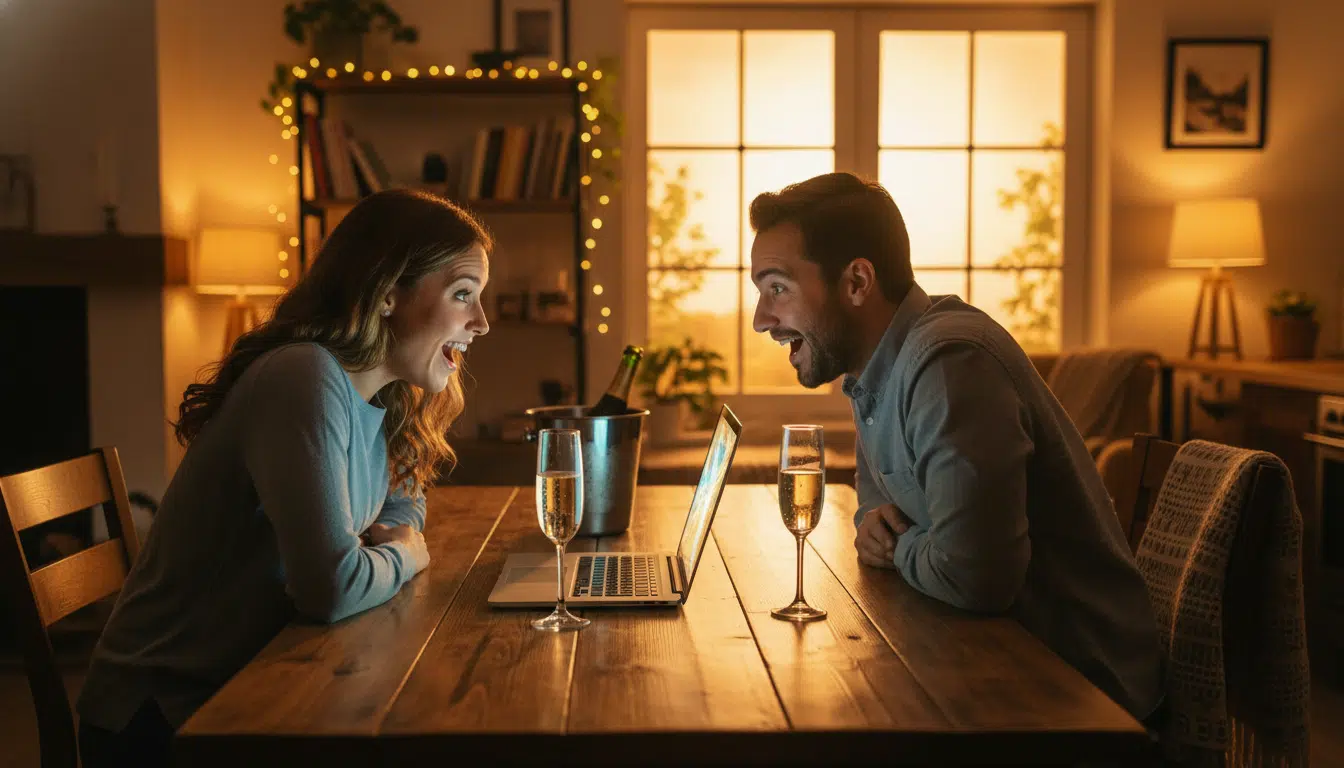 Couple surpris devant un écran d'ordinateur avec champagne