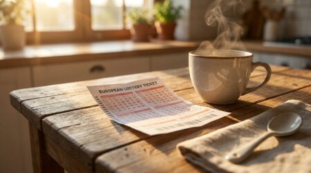 Grille de loterie posée sur une table en bois à côté d'un café
