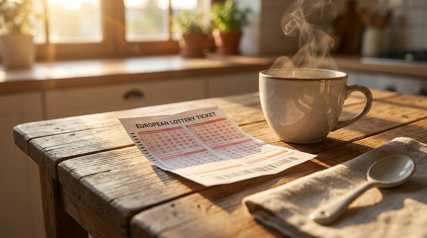Grille de loterie posée sur une table en bois à côté d'un café