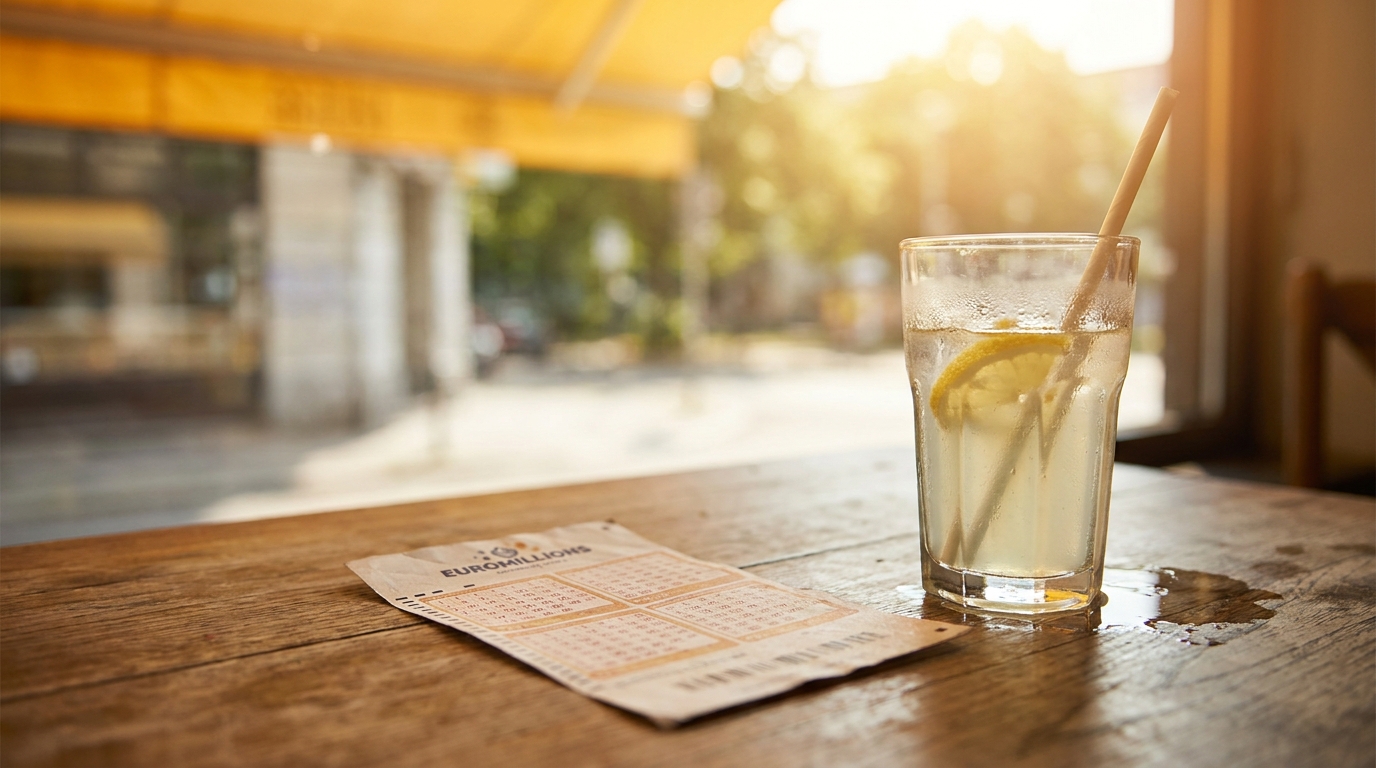 Ticket de loterie posé sur une table de café ensoleillée