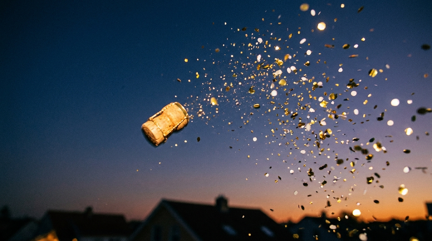 Bouchon de champagne doré sautant dans un ciel bleu du soir