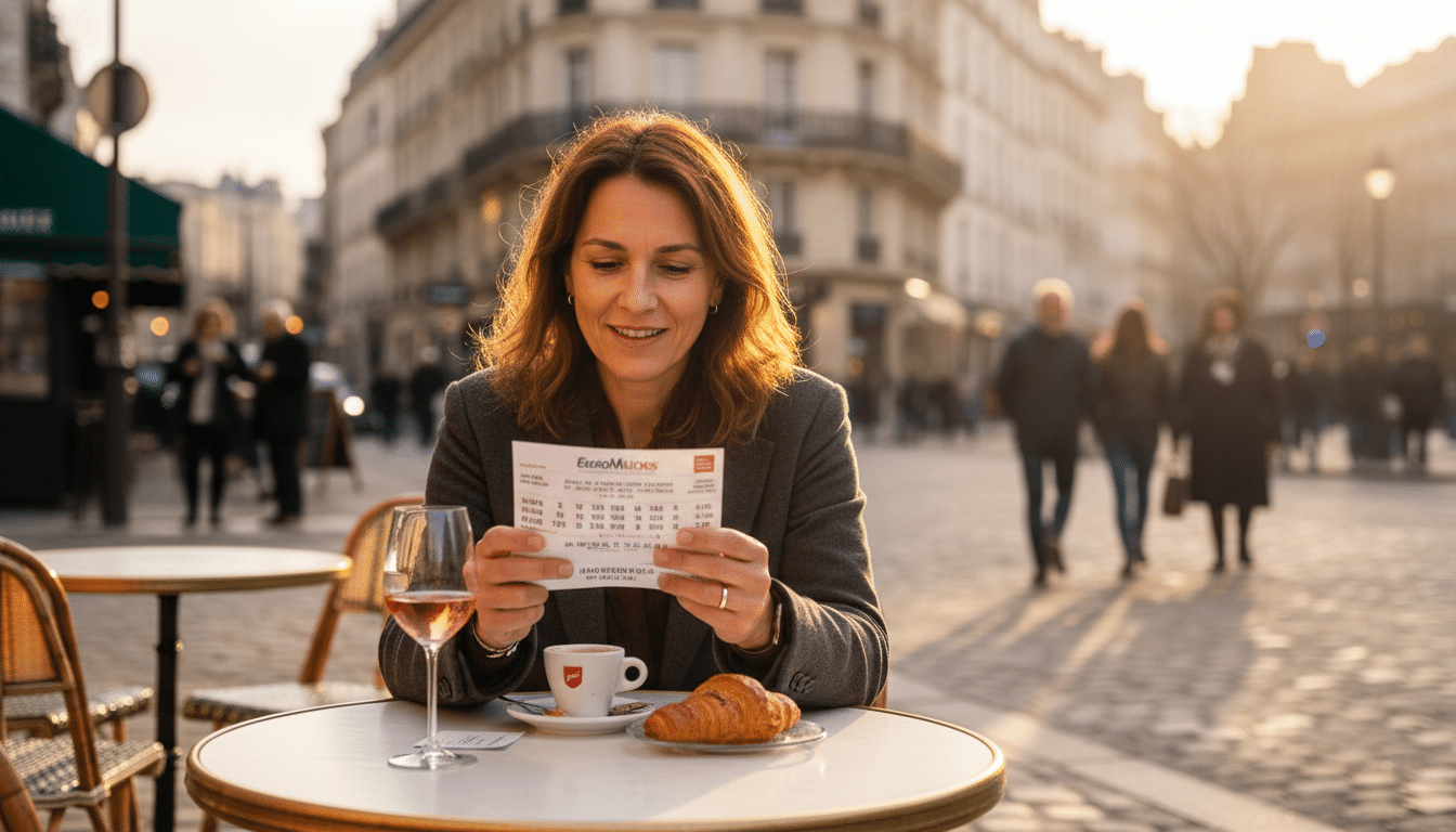 Joueur tenant un ticket EuroMillions à une terrasse