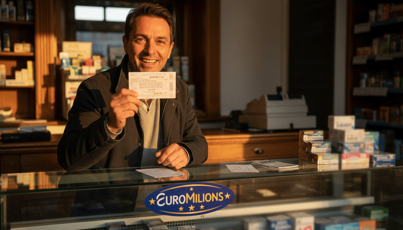 Joueur souriant tenant un ticket EuroMillions dans un bureau de tabac