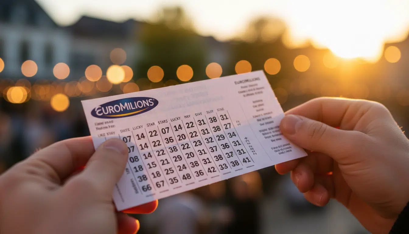 Grille EuroMillions tenue en main dans la lumière dorée du soir