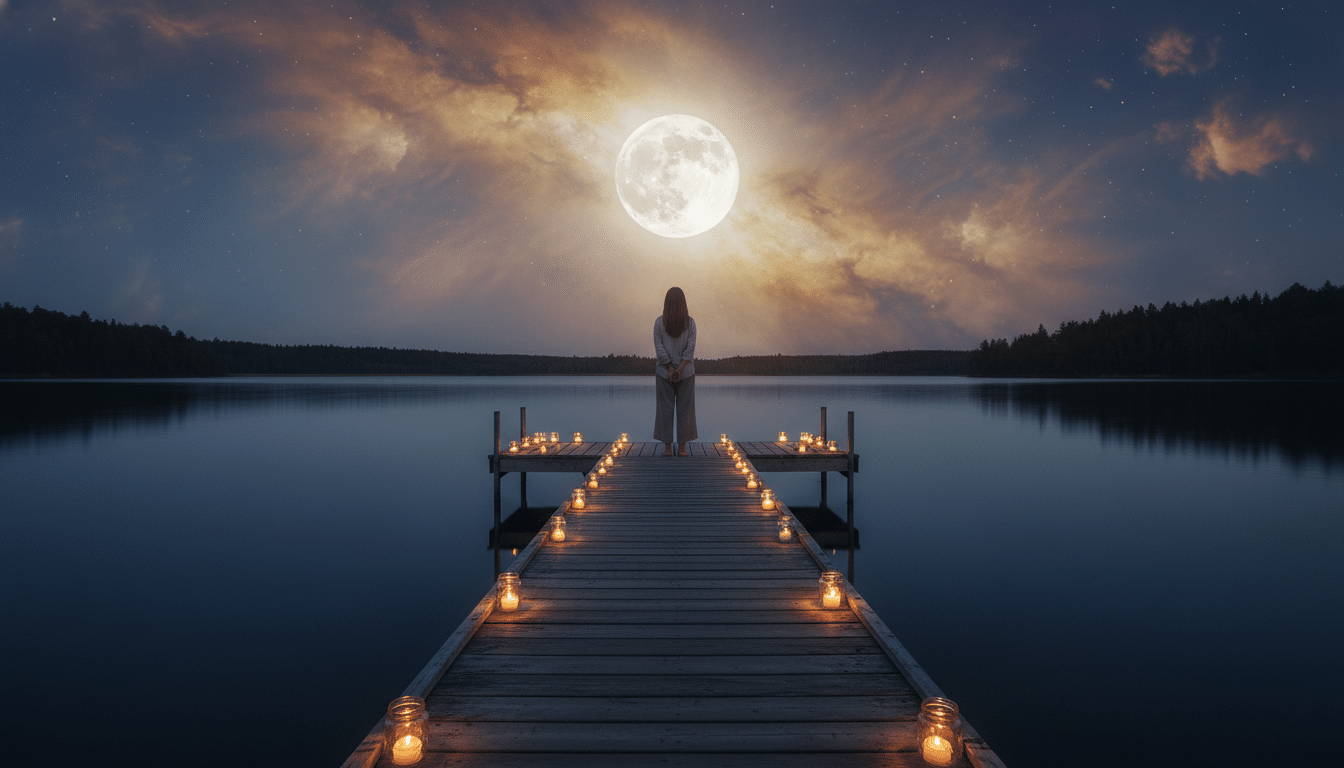Pleine lune mystique reflétée sur l'eau avec silhouette contemplative