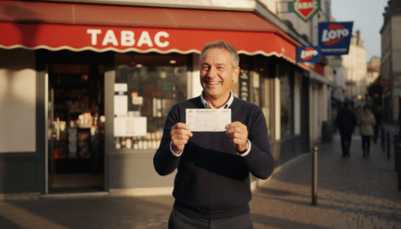 Joueur tenant un ticket EuroMillions devant un bureau de tabac