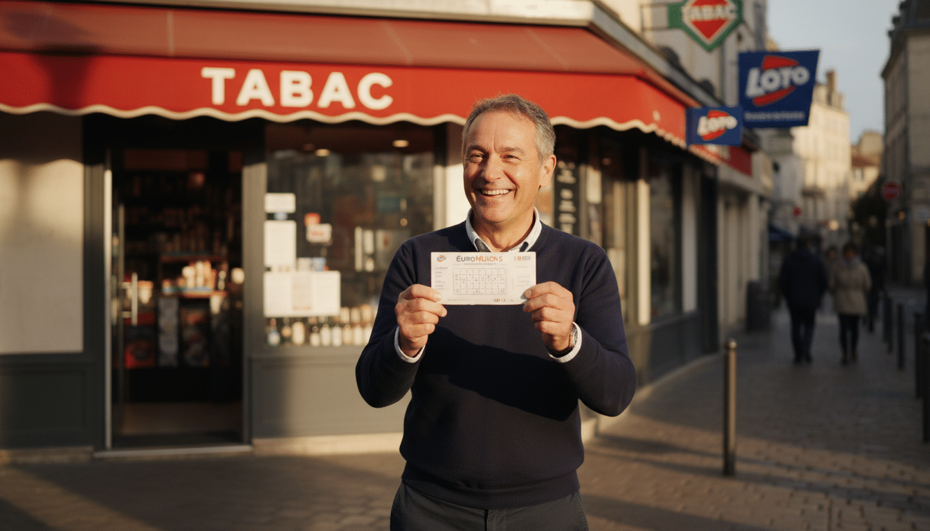 Joueur tenant un ticket EuroMillions devant un bureau de tabac