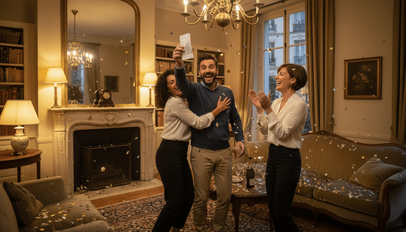 Amis célébrant ensemble avec un ticket de loterie